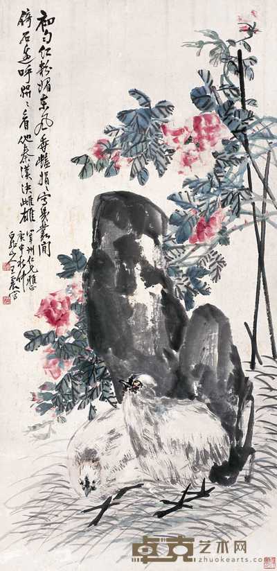 王一亭 庚申（1920）年作 月季花 立轴 135×66cm